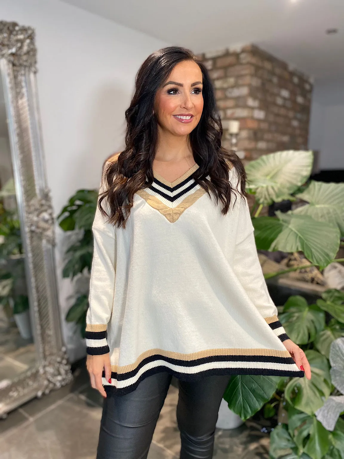 Winter White Striped V Neck Knit Debbie