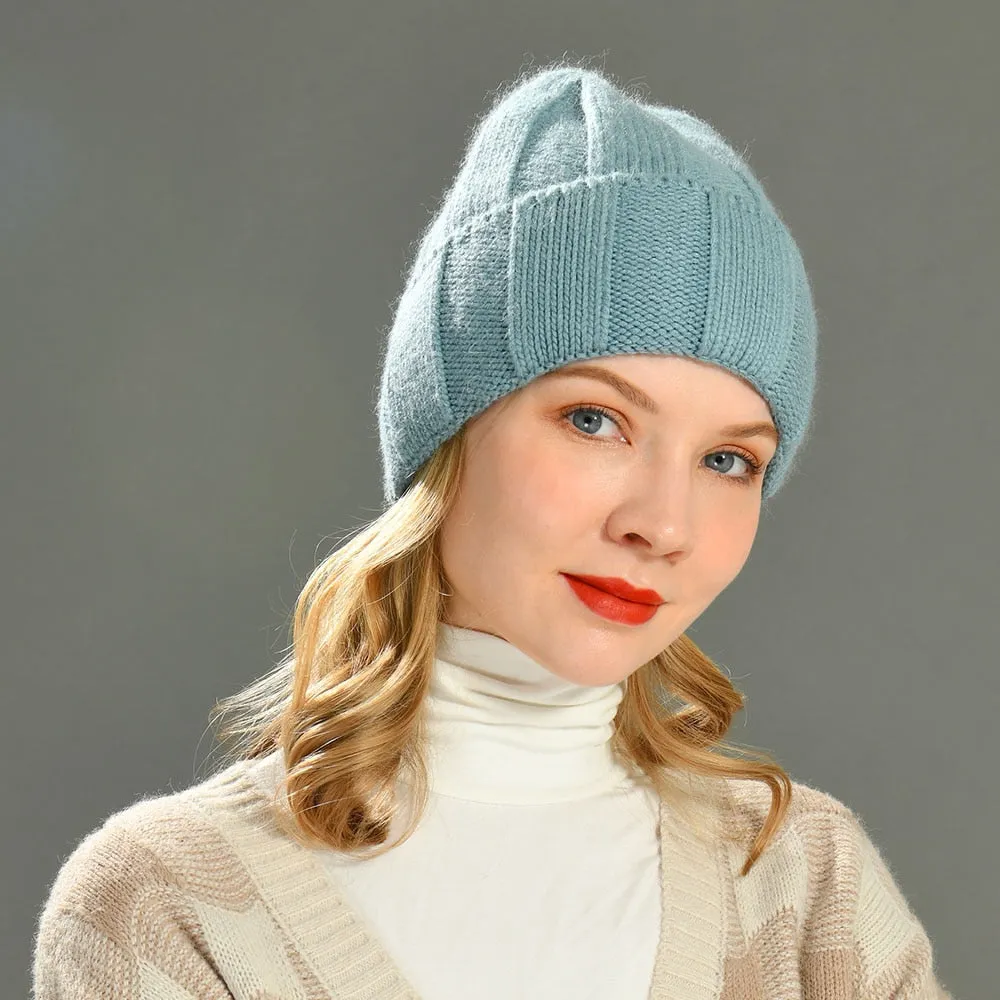 Women's Winter Solid Soft Wool Striped Cuffed Knitted Beanie Hats