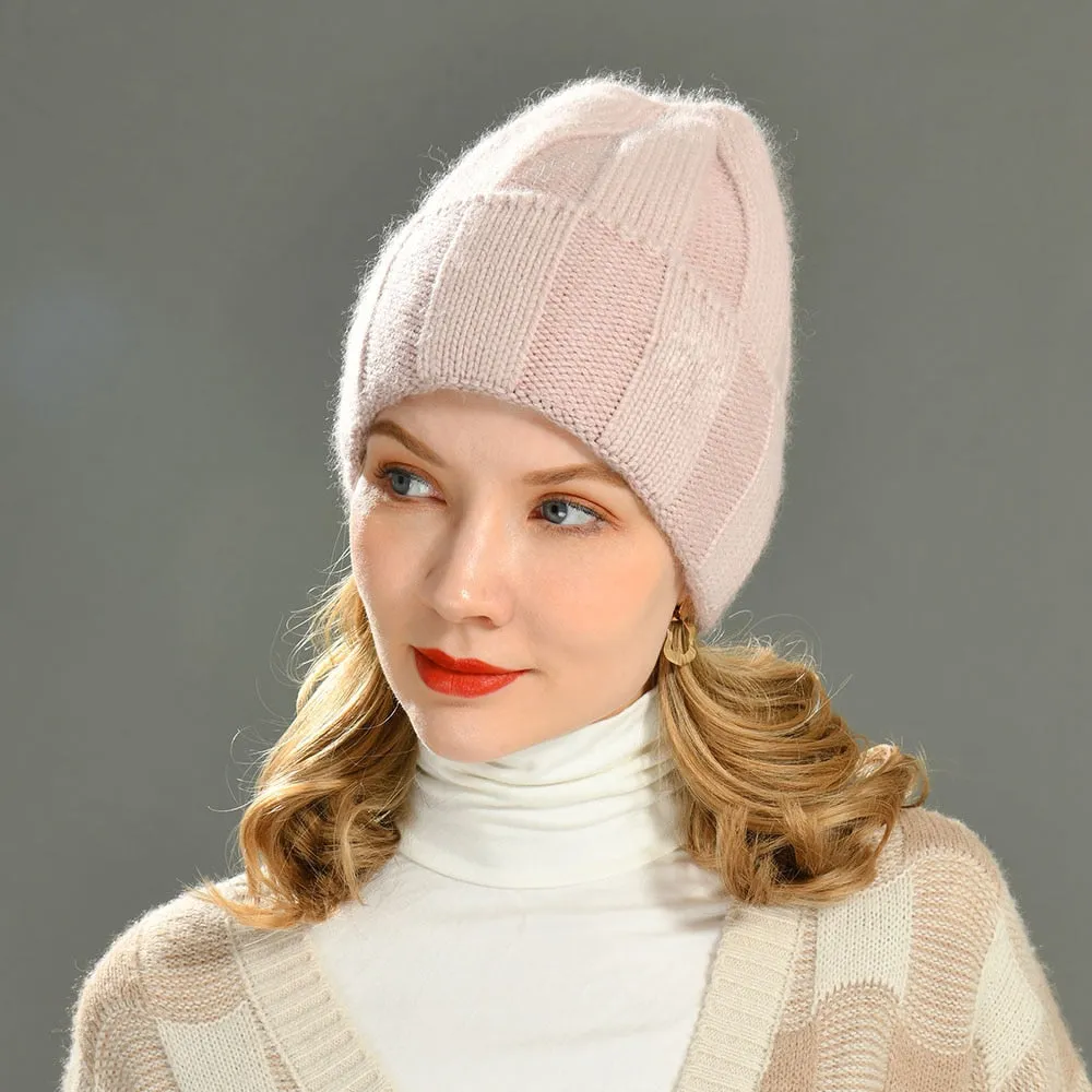 Women's Winter Solid Soft Wool Striped Cuffed Knitted Beanie Hats