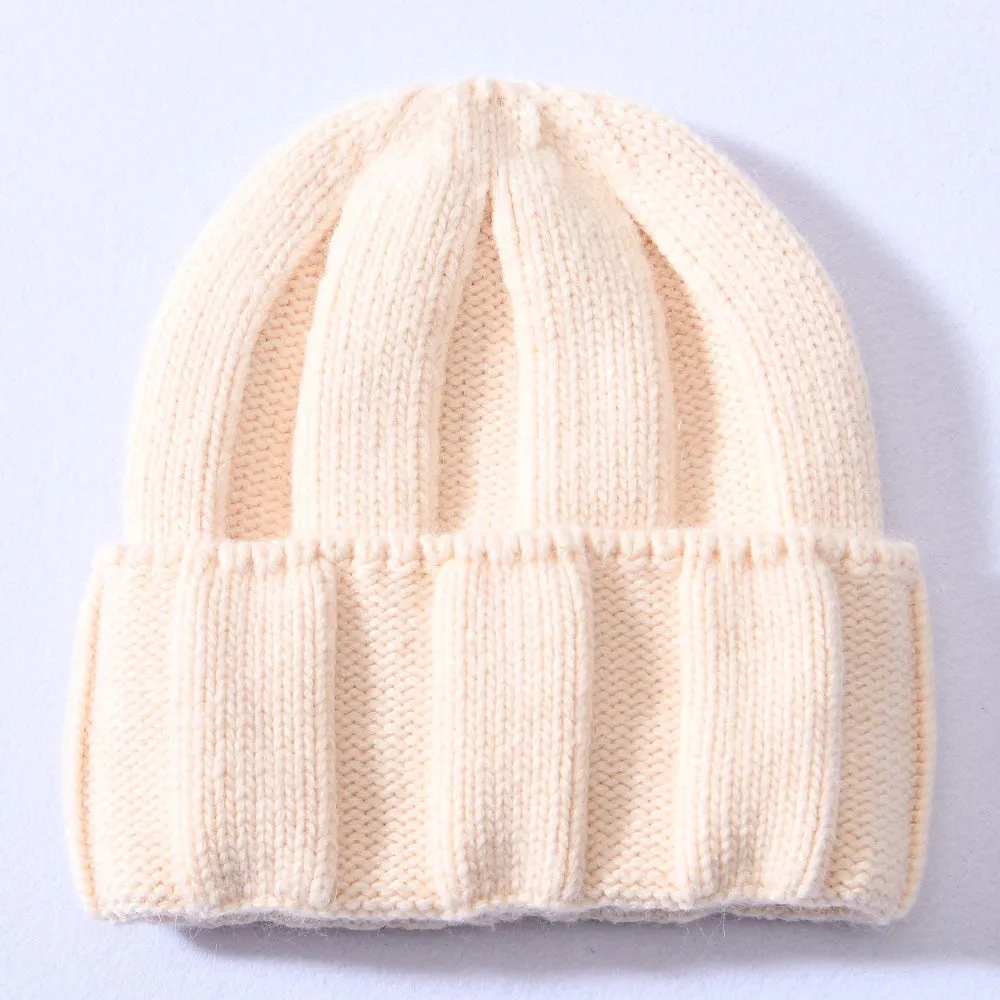 Women's Winter Solid Soft Wool Striped Cuffed Knitted Beanie Hats