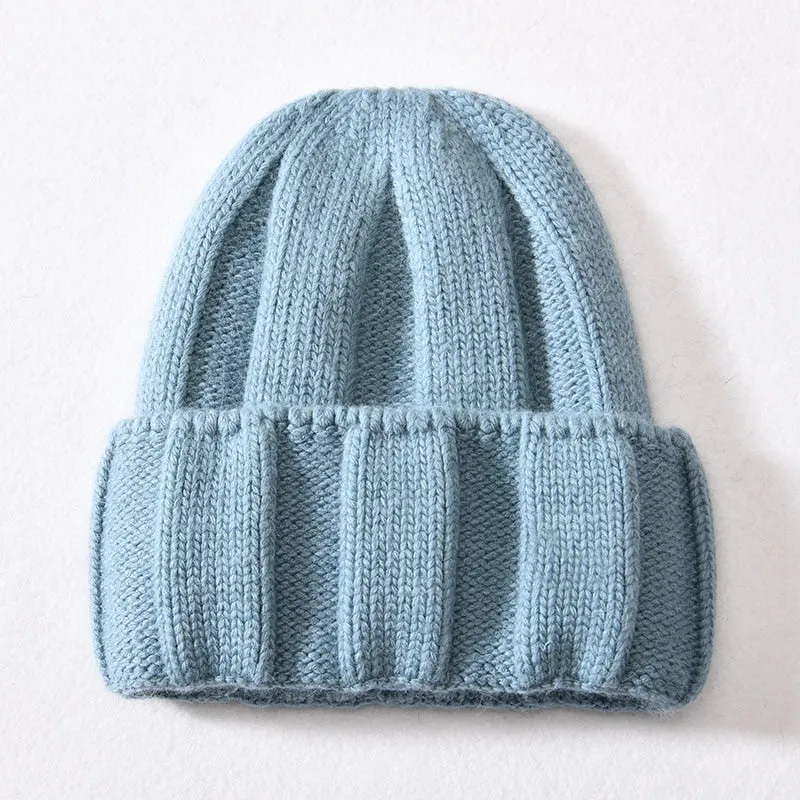 Women's Winter Solid Soft Wool Striped Cuffed Knitted Beanie Hats