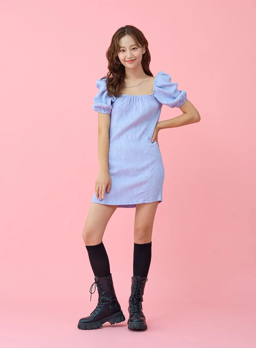 Wrinkle Puff Off Shoulder Mini Dress BU1507