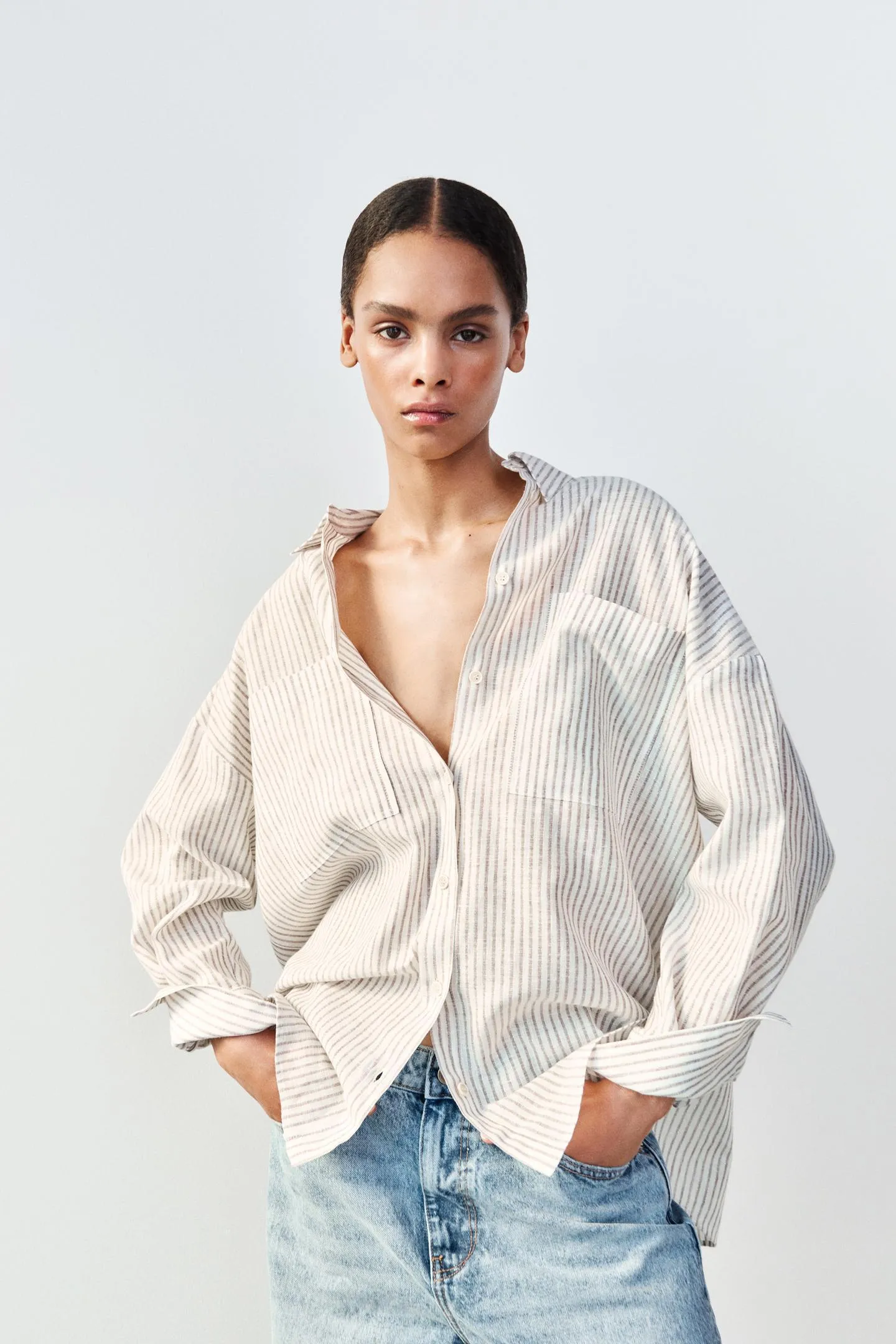 ZARA  |Stripes Casual Style Linen Long Sleeves Shirts & Blouses